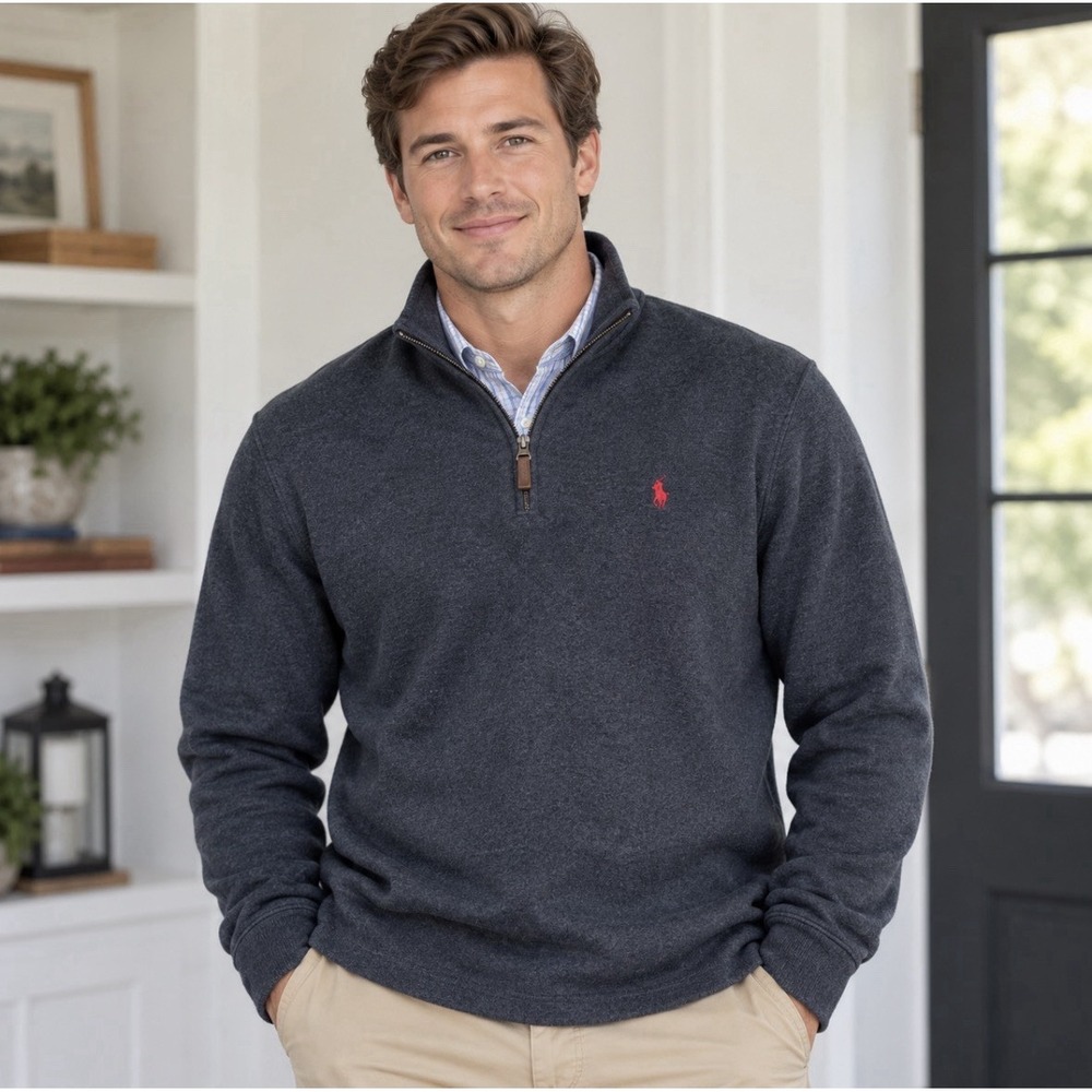 Polo Ralph Lauren Quarter Zip Sweater Mens XL Charcoal Gray Pique Knit Pullover